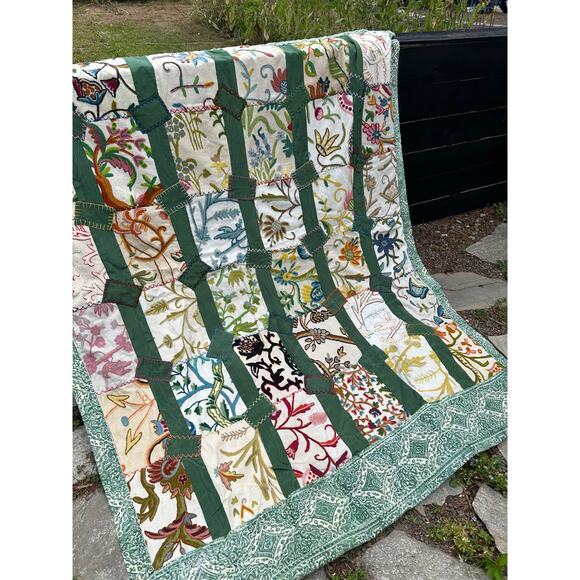 Vintage Kashmiri Handmade Quilt Green Size 57" x 76" Twin Throw Heriloom Ehtnic - Picture 4 of 10